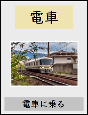 Pour faire des flash cards vraiment utiles pour le japonais, il faut au recto le mot à se souvenir: 電車. Une image en rapport direct avec le mot à se souvenir: Un joli train. La prononciation: (clic sur l'image pour l'entendre). Une phrase simple et compréhensible utilisant le mot: 電車に乗る.